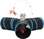 Tempcore Pet Cat Tunnel Tube Toys 3 Way Collapsible, Tunnels for Indoor Cats, Interactive Tube with Teaser Wand, Peek Holes & Hanging Ball, Black & Blue - Image 2
