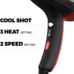 Professional Ionic Salon Hair Dryer, 2200 Watt Powerful AC Motor Ceramic Tourmaline Ion Blow Dryer, Quiet Hair Dryers with Diffuser & 2 Concentrator Nozzle Attachments Black/Red - Image 7