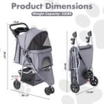 3 Wheel Pet Stroller for Dogs and Cats, Foldable, Lightweight and Durable, Ideal for Small to Medium Pets, Includes Storage Basket and Cup Holders | Lightweight and Durable, Ideal for Small to Medium Pets, Includes Storage Basket and Cup Holders, Grey - Image 3
