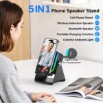 Wireless Induction Speaker 5-in-1 Bluetooth Speaker with Phone Stand,Stereo Sound, 3500mAh Rechargeable, 8 RGB Ambient Light, 360° Adjustable Holder for iPhone/Android/iPad,Gifts for Men Women (Black) - Image 4