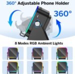 Wireless Induction Speaker 5-in-1 Bluetooth Speaker with Phone Stand,Stereo Sound, 3500mAh Rechargeable, 8 RGB Ambient Light, 360° Adjustable Holder for iPhone/Android/iPad,Gifts for Men Women (Black) - Image 7