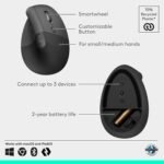 Logitech Lift Vertical Ergonomic Wireless Mouse - Graphite | Connect via Bluetooth or included Logi Bolt USB-A receiver, quiet clicks, 4 of 6 buttons customizable, Windows Mac compatible - Image 7