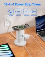 Power Strip Tower, kakyanill Charging Station 9 AC Outlets 8 USB Ports | 6 Ft Retractable Extension Cord, 15W Wireless Charger, White - Image 4
