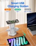 Power Strip Tower, kakyanill Charging Station 9 AC Outlets 8 USB Ports | 6 Ft Retractable Extension Cord, 15W Wireless Charger, White - Image 7