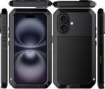 for iPhone 16 Metal Case 6.1",Heavy Duty Shockproof Aluminum Alloy Tough Armour Military Grade Phone Case,360 Full Body Protective Cover with Silicone Built-in Screen Protector - Black - Image 3