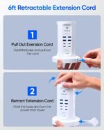Power Strip Tower, kakyanill Charging Station 9 AC Outlets 8 USB Ports | 6 Ft Retractable Extension Cord, 15W Wireless Charger, White - Image 3