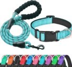 Ladoogo Reflective Dog Collar Padded with Soft Neoprene Breathable Adjustable Nylon Dog Collars for Small Medium Large Dogs (Medium (Pack of 1), Blue Collar+Leash) - Image 2