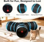 Tempcore Pet Cat Tunnel Tube Toys 3 Way Collapsible, Tunnels for Indoor Cats, Interactive Tube with Teaser Wand, Peek Holes & Hanging Ball, Black & Blue - Image 6