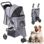 3 Wheel Pet Stroller for Dogs and Cats, Foldable, Lightweight and Durable, Ideal for Small to Medium Pets, Includes Storage Basket and Cup Holders | Lightweight and Durable, Ideal for Small to Medium Pets, Includes Storage Basket and Cup Holders, Grey - Image 2