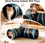 Tempcore Pet Cat Tunnel Tube Toys 3 Way Collapsible, Tunnels for Indoor Cats, Interactive Tube with Teaser Wand, Peek Holes & Hanging Ball, Black & Blue - Image 9