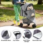 3 Wheel Pet Stroller for Dogs and Cats, Foldable, Lightweight and Durable, Ideal for Small to Medium Pets, Includes Storage Basket and Cup Holders | Lightweight and Durable, Ideal for Small to Medium Pets, Includes Storage Basket and Cup Holders, Grey - Image 4