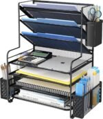Simple Trending 7 Tier Desk File Organizer, Letter Tray Paper Organizer with Pen Holder and Metal Hanging Basket, Black - Image 2