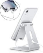 OMOTON C2 Adjustable Aluminum Cell Phone Stand with Charging Cutout, Silver | Sturdy 3mm Base with Non-Slip Silicone Pads, Multi-Angle, Works with 19mm Thick Cases Smartphones, Desktop Recording Facetime - Image 4
