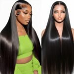 Lace Front Wigs Human Hair 32 Inch 12A Virgin Straight Human Hair Wig 200 Density Soft 13x6 Lace Front Wigs Human Hair Pre Plucked Invisilbe Hairline Glueless HD Frontal Wig Natural Black - Image 2