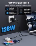 128W USB C Wall Charger,GaN III 3-Port Fast Charging Station,PD QC Foldable Charger Block Portable 65W Laptop Adapter for MacBook Pro/Air,iPad Pro,Galaxy S23,Dell XPS 13,iPhone 17/16/Pro etc - Image 3