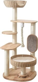 49.6in Solid Wood Cat Tree for Large Cat, Modern Tall Cat Tower | Multi-Level Cat Condo, Cute Aesthetic Design, with Scratching Post, with Hand-Woven Cat Bed, for Indoor Cats, Easy to Clean - Image 10
