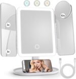 Lupow Lighted Makeup Vanity Mirror, 4 Magnifications, Rechargeable, Trifold | 1X/2X/3X/10X Views, Seamless Light Strip, Dimmable 3-Color Lighting, 2000mAh Battery, Height Adjustable, Gift For Women - Image 2