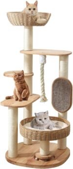 49.6in Solid Wood Cat Tree for Large Cat, Modern Tall Cat Tower | Multi-Level Cat Condo, Cute Aesthetic Design, with Scratching Post, with Hand-Woven Cat Bed, for Indoor Cats, Easy to Clean - Image 2