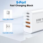 USB C Fast Charger Block,2Pack 60W 5-Port Multiport Charging Block,2 USB A & 3 USB C PD3.0 Power Adapter Charging Plug for iPhone 16/15/14/13/iPad Mini/Pro/AirPods 4/GalaxyS23(White) - Image 3