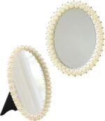 Oval Pearl and Crystal Decorative Makeup Mirror(white1) | Elegant White Faux Pearl Embellished Frame ，8“ L x 6.1” W - Image 2