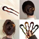 4Pcs French Large Hair Pins for Women - U Shaped Large Hairpins for Updos Bun - Hair Forks Accessories for Wedding Prom Fitness - Green | Black | Brown | Leopard Print Pin - Image 3