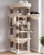 Heybly 53.1" Corner Cat Tree for Large Cats – Interactive Play HCT029MJ | Sturdy Cat Tower with Cozy Cat Condo, Fan-Shaped Top Perch, Basket, Hammock & Solid Base, Beige - Image 2