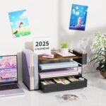 Wood Desk Organizers and Accessories with File Sorters, 4-Tier Desk Accessories & Workspace Organizers with Drawer and Pen Holder, Desk Reference Organizer (Wood, 4T with Drawer) - Image 8