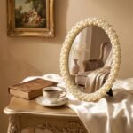 Oval Pearl and Crystal Decorative Makeup Mirror(white1) | Elegant White Faux Pearl Embellished Frame ，8“ L x 6.1” W - Image 3