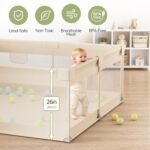 Uanlauo Beige Small Baby Playpen - 47x47in Playpen for Babies and Toddlers | Safe Indoor Play Pen, Baby Pen with Side Storage Bag and Breathable Mesh, Playard with 2 pull-up rings, Anti-slip Suction Cup - Image 3