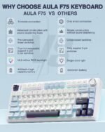AULA F75 75% Wireless Mechanical Keyboard, Hot Swappable Creamy Keyboard, Pre-lubed Reaper Switches, 2.4GHz/Type-C/BT5.0, RGB Backlit Gaming Keyboards(White & Blue) - Image 3
