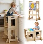 labebe Toddler Standing Tower for 12M+, Montessori Foldable Learning Standing Tower with Blackboard, Anti-tip Structure Design,Wooden Kitchen Step Helper Stool for 1-3 Year Old Boy Girl Gift - Image 2