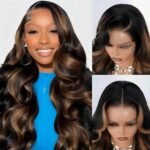 QZOQZO 28 Inch Highlight Ombre 13x6 HD Lace Front Wig Human Hair Body Wave | 180% Density,HD Transparent Lace,Pre Plucked Natural Hairline,Balayage Colored Glueless Wigs for Women - Image 8