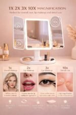 Lupow Lighted Makeup Vanity Mirror, 4 Magnifications, Rechargeable, Trifold | 1X/2X/3X/10X Views, Seamless Light Strip, Dimmable 3-Color Lighting, 2000mAh Battery, Height Adjustable, Gift For Women - Image 6