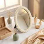 Oval Pearl and Crystal Decorative Makeup Mirror(white1) | Elegant White Faux Pearl Embellished Frame ，8“ L x 6.1” W - Image 8