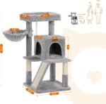 Feandrea Cat Tree, 37.8-Inch Cat Tower, Multi-Level Condo with Widened Perch, Scratching Posts and Ramp, 2-Door Cave, Hammock, Light Gray UPCT51W - Image 6