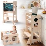 4-in-1 Toddler Standing Tower Anti-Tip, Toddler Kitchen Step Stool with Blackboard, Foldable Wooden Kitchen Stool Helper for Kids, 1-3 Year Old Boy Girl Gifts - Image 2