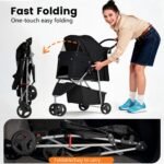 BestPet | 3-Wheel Pet Stroller | Dog and Cat Stroller | Breathable Mesh | Lightweight Travel Carrier | Waterproof & Foldable Design | Storage Basket | Black | for Daily Walks & Outdoor Use | Breathable Mesh | Lightweight, Waterproof Travel Carrier with Cup Holder & Storage Basket | for Daily Walks & Outdoor Use - Image 4