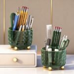 GOTOBA Dark Green Pen Pencil Holder for Desk, 360° Rotating Pen Organizer, Green Office Supplies, Cute Pen Holder, 6-Compartment Pencil Holder Rotating - Image 5