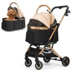 Dog Stroller for Small and Medium Dogs, 40lbs Capacity Pet Stroller with Detachable Carrier, One-Hand Fold, Breathable Mesh & Sun/Rain Canopy, Khaki - Image 2