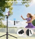 TONEOF 68" Magnetic Aluminum Phone Tripod Selfie Stick for iPhone & Android | Rechargeable Remote,360° Rotatable Foldable Cell Phone Stand Holder with Metal Ring,Travel Tripod for Magsafe (Black) - Image 4