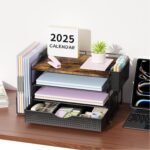 Wood Desk Organizers and Accessories with File Sorters, 4-Tier Desk Accessories & Workspace Organizers with Drawer and Pen Holder, Desk Reference Organizer (Wood, 4T with Drawer) - Image 6