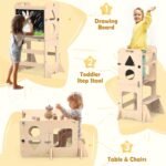4-in-1 Toddler Standing Tower Anti-Tip, Toddler Kitchen Step Stool with Blackboard, Foldable Wooden Kitchen Stool Helper for Kids, 1-3 Year Old Boy Girl Gifts - Image 4