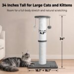 34-Inch Tall Cat Scratching Post for Large Cats, Stable Base, Gray | Heavy-Duty Cat Scratcher, Extra-Tall Thick Post, Soft Natural Cotton Rope, Hanging Interactive Cat Toys, Indoor Cat Furniture - Image 3