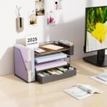 Wood Desk Organizers and Accessories with File Sorters, 4-Tier Desk Accessories & Workspace Organizers with Drawer and Pen Holder, Desk Reference Organizer (Wood, 4T with Drawer) - Image 4