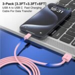 LOFPYE 3-Pack Pink [3.3FT+3.3FT+6FT] USB A to USB C Cable，USB to USB C Car Carplay Cable for iPhone 16 15 Pro Plus Pro Max，for iPad Pro/Air/Mini，for Samsung S24/S23/S22，for MacBook Pro/Air and More - Image 5