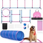 Dog Agility Course Backyard Set, Dog Agility Equipment, Pet obstacle Course Backyard with 6 Dual Mode Weave Poles, 2 Adjustable Hurdle, Jump Ring, Tunnel, Pause Box, Toy Balls and 2 Carrying Bags,Pink - Image 2