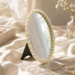 Oval Pearl and Crystal Decorative Makeup Mirror(white1) | Elegant White Faux Pearl Embellished Frame ，8“ L x 6.1” W - Image 5