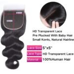 5x5 Hd Lace Closure Human Hair Hd Closure Body Wave Closure 12A Virgin Remy Human Hair for Black Women 5x5 Transparent Lace Frontal Closures Pre Plucked Natural Black 12 Inch - Image 8