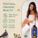 Organic Body & Face Oil for Dry Skin, Hydrating After Shower Moisturizer | Lightweight Nourishing Facial & Body Oil, Natural Cold-Pressed Almond, Olive, Jojoba, Rosehip & Lavender Oils, Vitamin E - Image 3