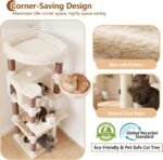 Heybly 53.1" Corner Cat Tree for Large Cats – Interactive Play HCT029MJ | Sturdy Cat Tower with Cozy Cat Condo, Fan-Shaped Top Perch, Basket, Hammock & Solid Base, Beige - Image 6